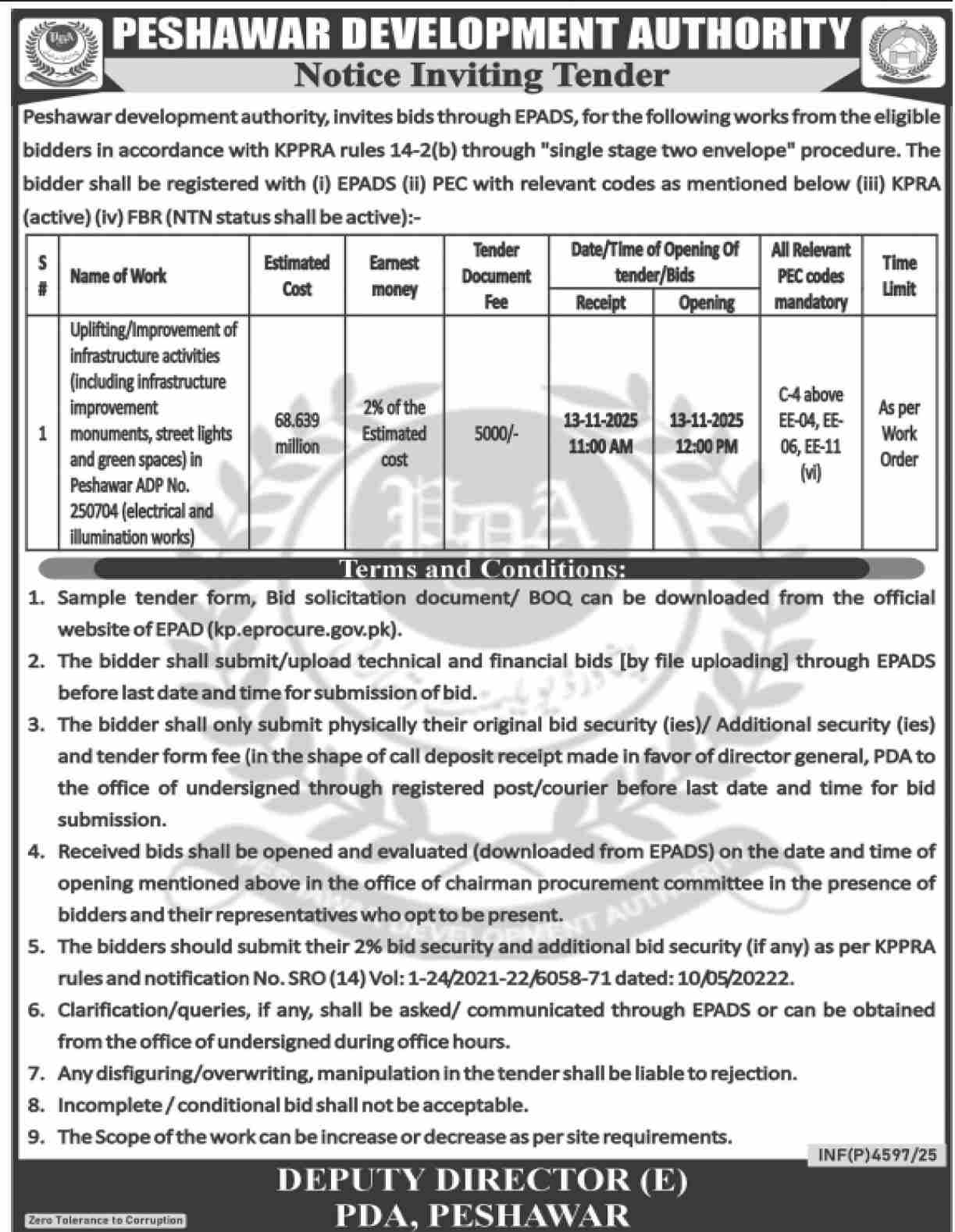 Peshawar Development Authority Tender Notice